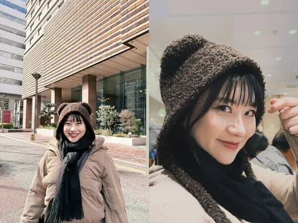 焦凡凡头戴熊耳朵毛帽,穿卡其色羽绒服挺孕肚现身日本福冈街头