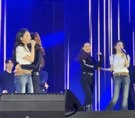 请夏在迪拜演出舞台上邀请舞者Sara上台,介绍这是最后一次同台并请粉丝鼓掌祝福Sara新旅程