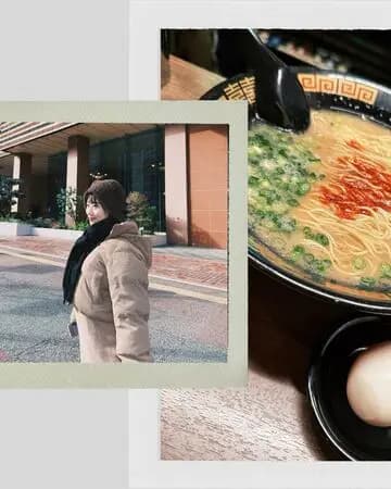 焦凡凡坐在餐厅内,挺孕肚享用一兰拉面的温馨模样